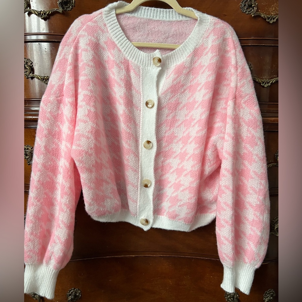 SHEIN Houndstooth Pink Cardigan